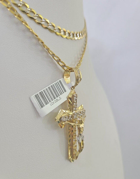 10k Gold Chain Cross Charm Solid Cuban Curb Link 5mm 18"-28" Inch DiamondCut SET