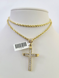 10k Solid Rope Chain 3mm Jesus Cross Pendant Charm Necklace SET 18-26 in