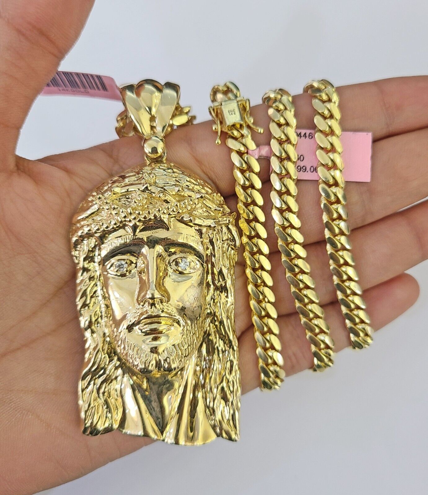 Real 14k Solid Chain Jesus Head Charm Set Miami Cuban 6mm Necklace Pendant Gold