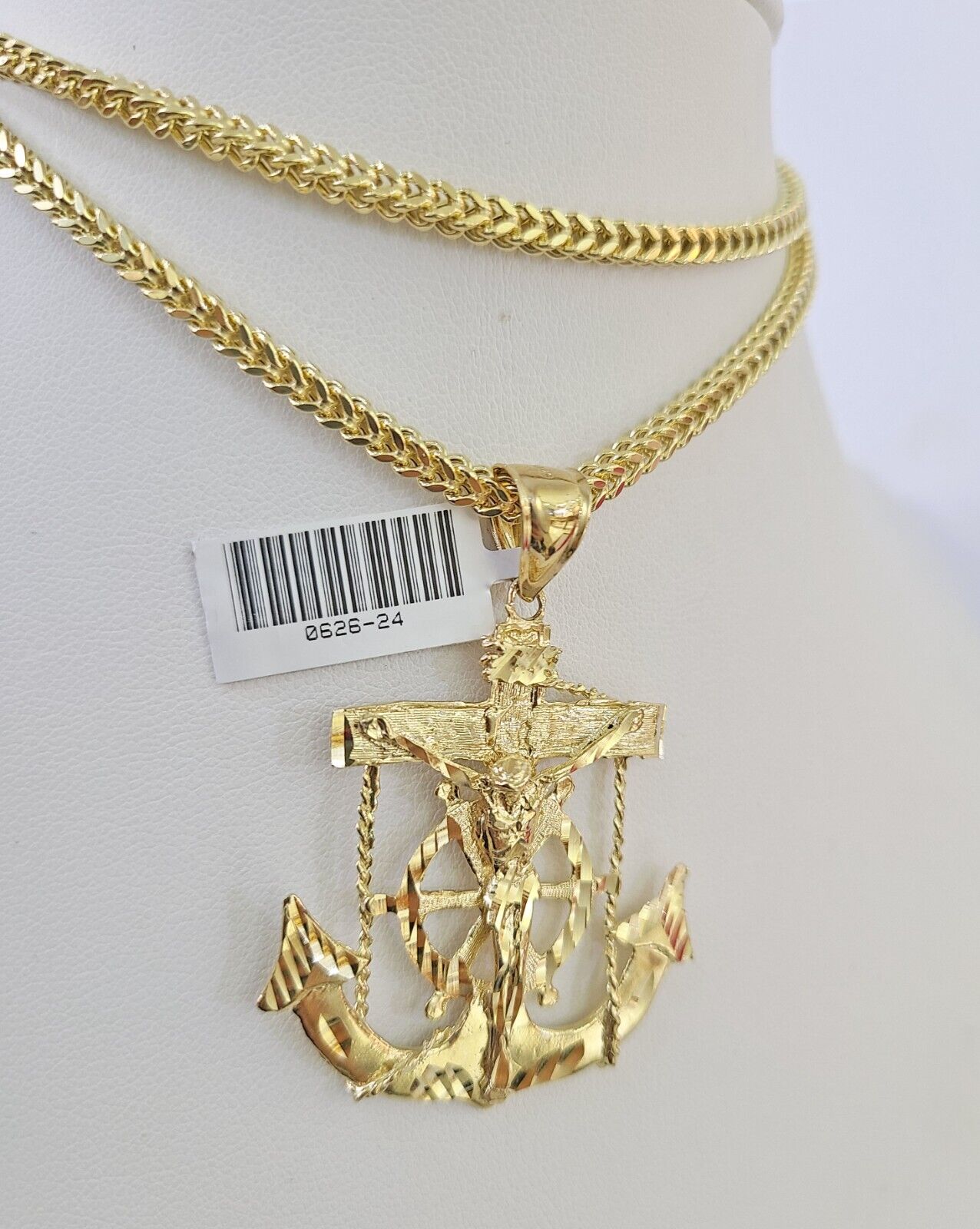 10K Franco Chain Jesus Anchor Pendant Charm Necklace 20"-26" 3mm Gold Yellow SET