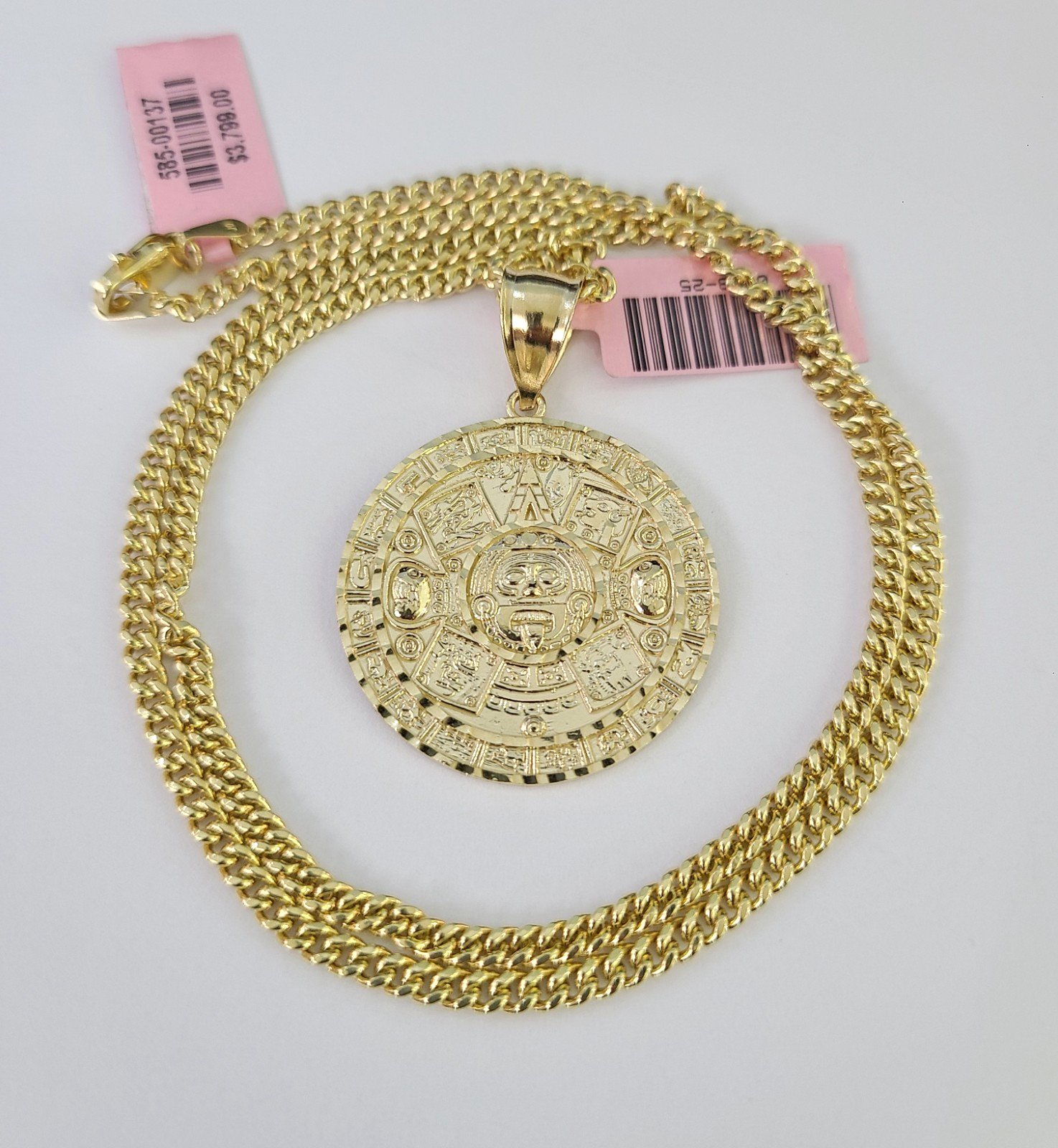 14k Miami Cuban Chain Mayan Calendar Charm Pendant 3mm 18"24" inch SET Necklace