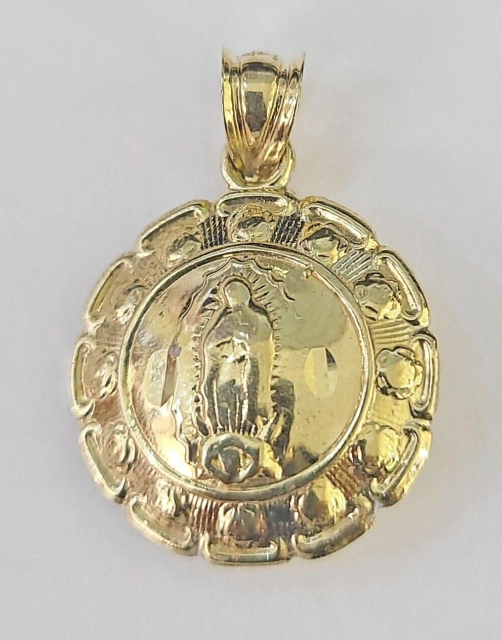 Real 10K Jesus Virgin Mary Pendent Charm Two Sided yellow Gold 1" Guadalupe