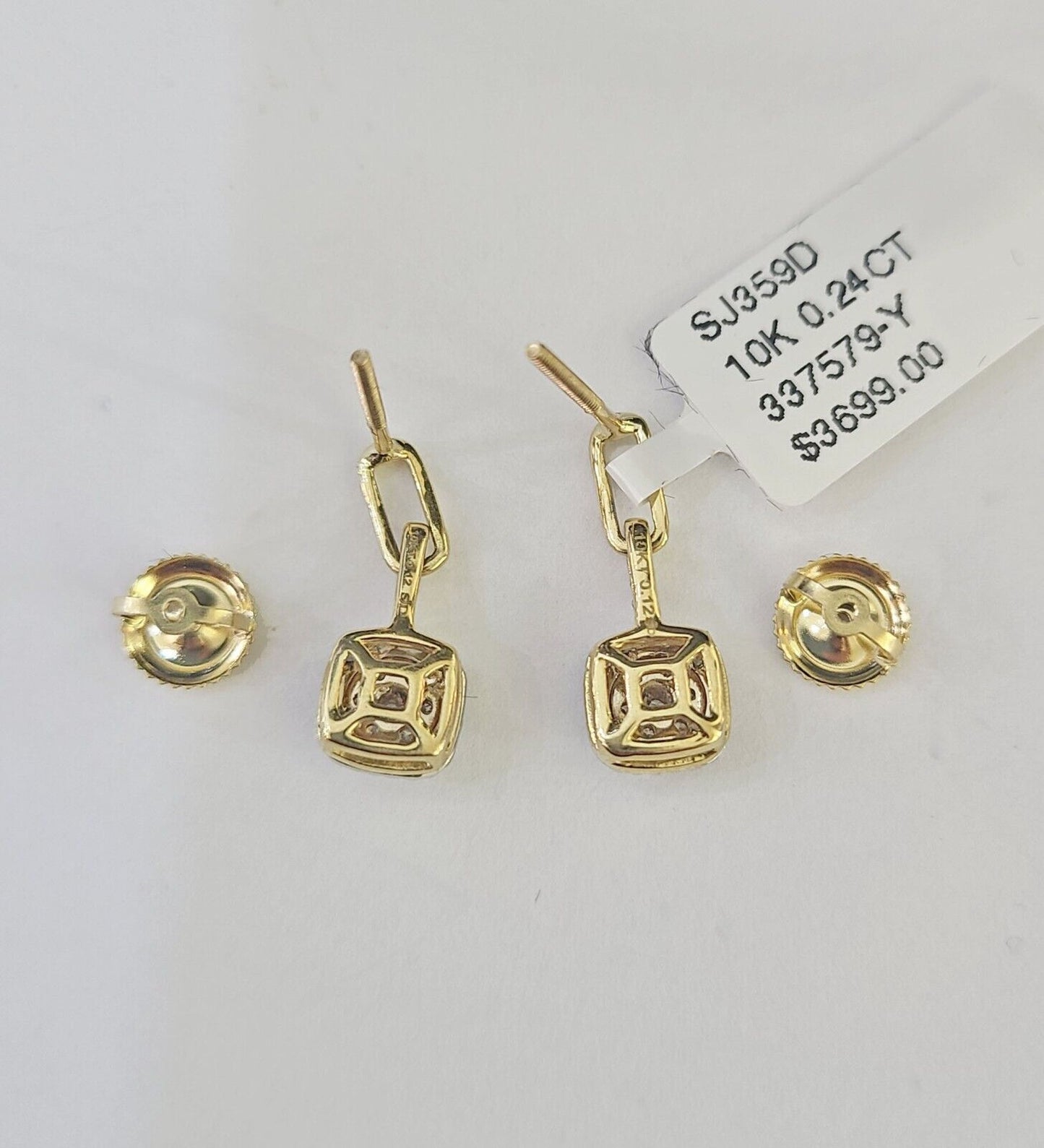 10k Diamond Cushion Earrings Ladies Drop Yellow gold Real Screw-Back studs