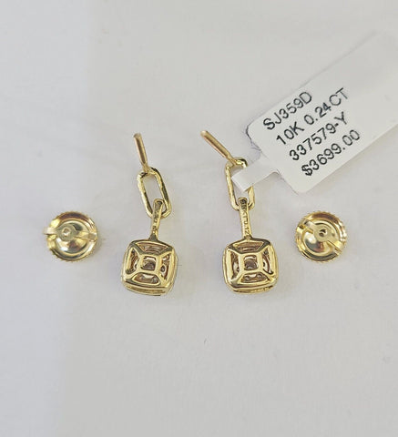 10k Diamond Cushion Earrings Ladies Drop Yellow gold Real Screw-Back studs