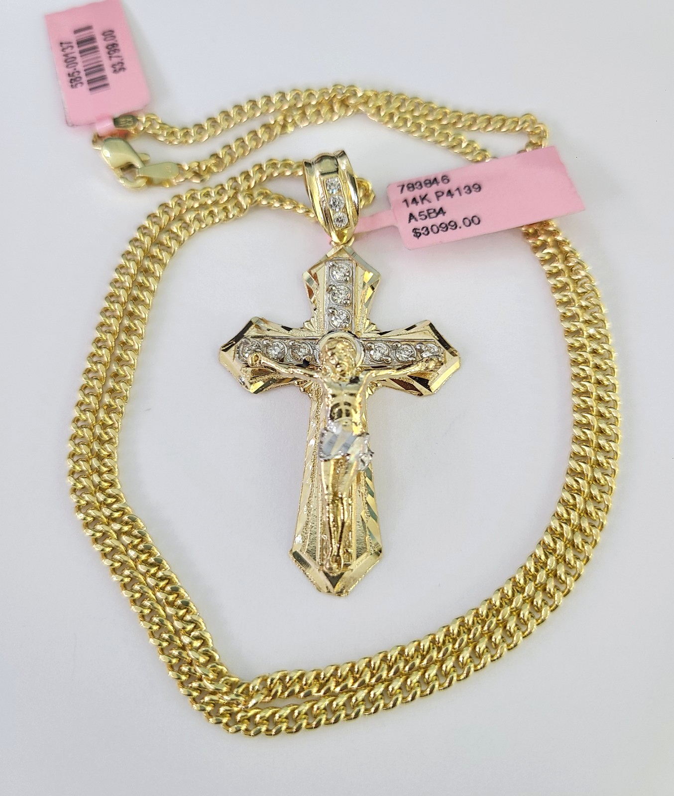14k Miami Cuban Chain Jesus Cross Charm Pendant 3mm 18"24" inch SET Necklace