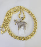 10k Solid Rope Chain Goat Charm Diamond Set 4mm 20"-28" Necklace Gold Yellow