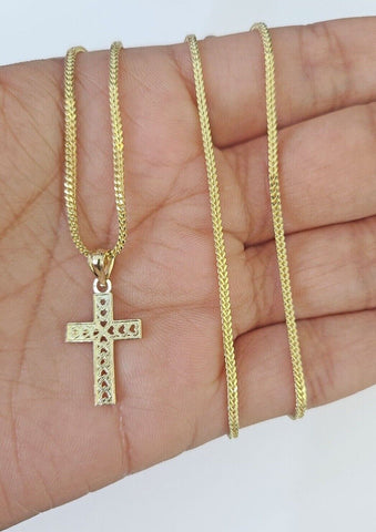 10K Gold Franco Chain Hearts Jesus Cross Charm SET 18-24 inches 1mm Necklace