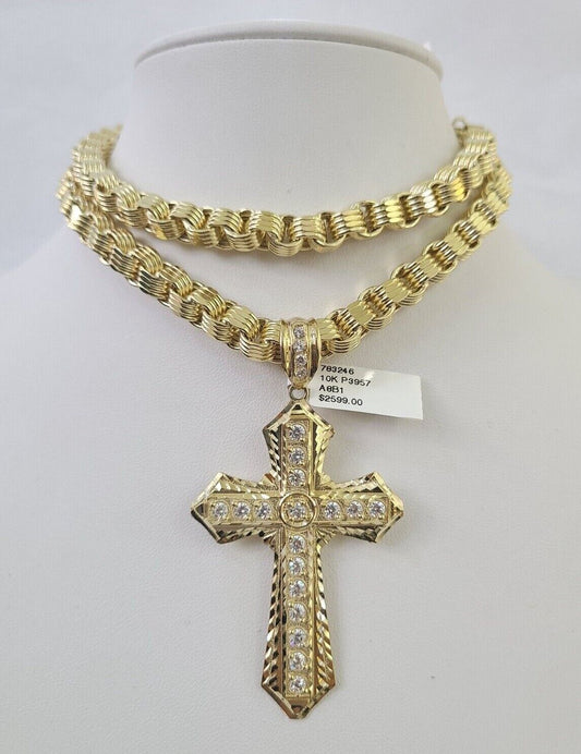 10k Gold Byzantine Necklace Jesus Cross Charm Pendant 20"-30" 8mm REAL SET Chain