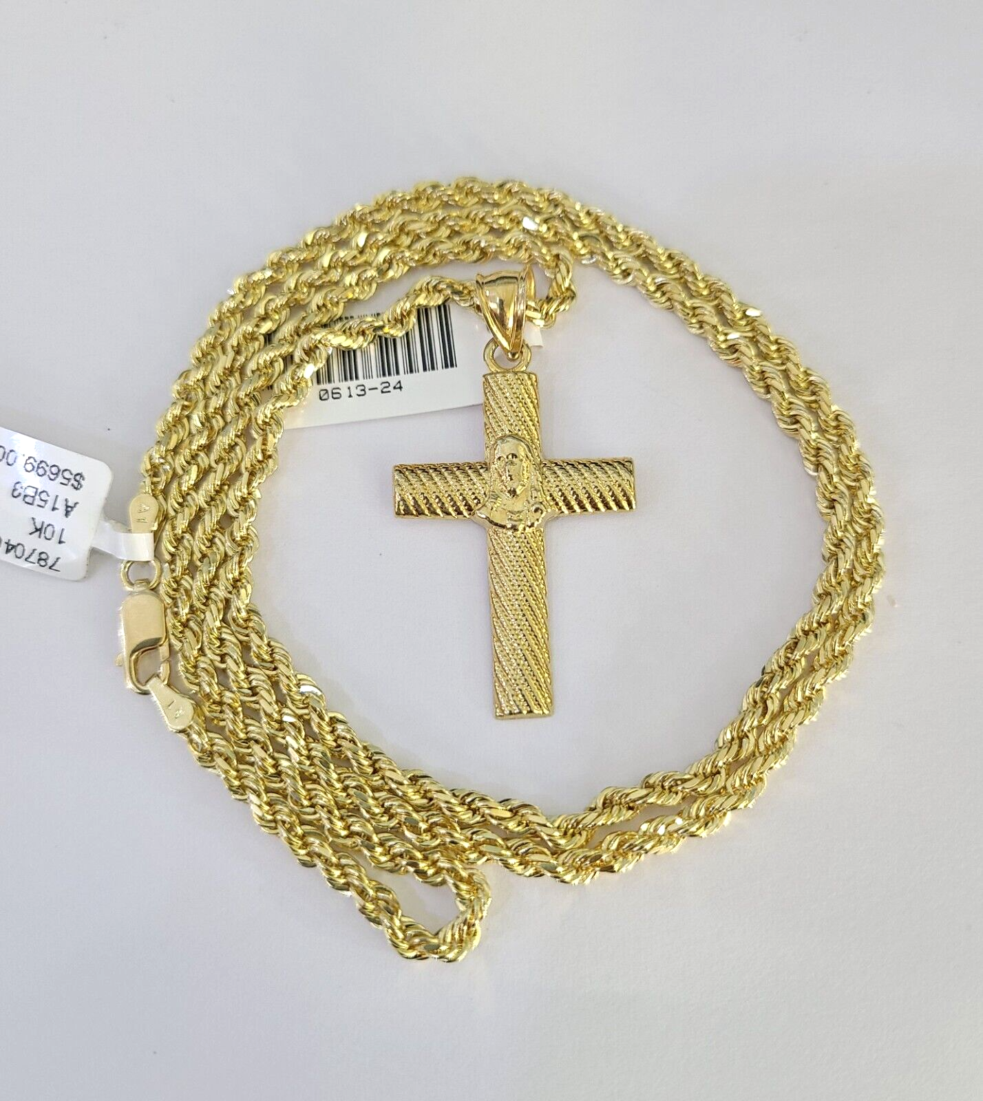 10k Solid Rope Chain 3mm Jesus Cross Pendant Charm Necklace SET 18-26 in