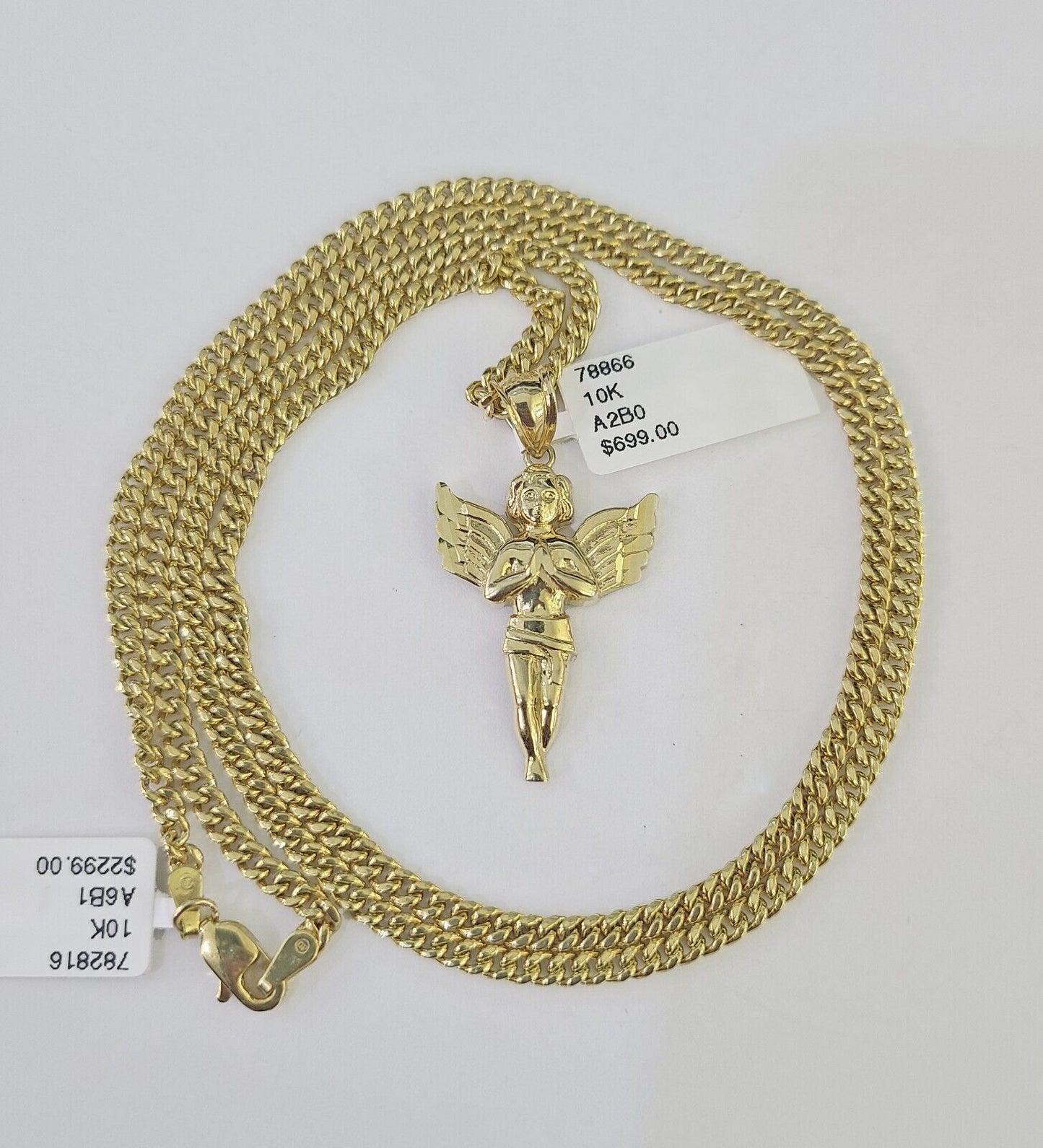 10K Gold Miami Cuban Chain Praying Angel Charm 18"-30" 3mm REAL Pendant