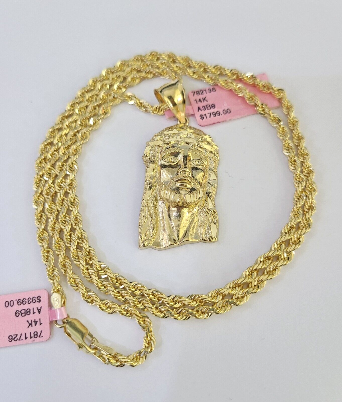 Jesus Rope Silver Chain Real 14k Solid Rope Chain Jesus Head Charm Set 3mm 18
