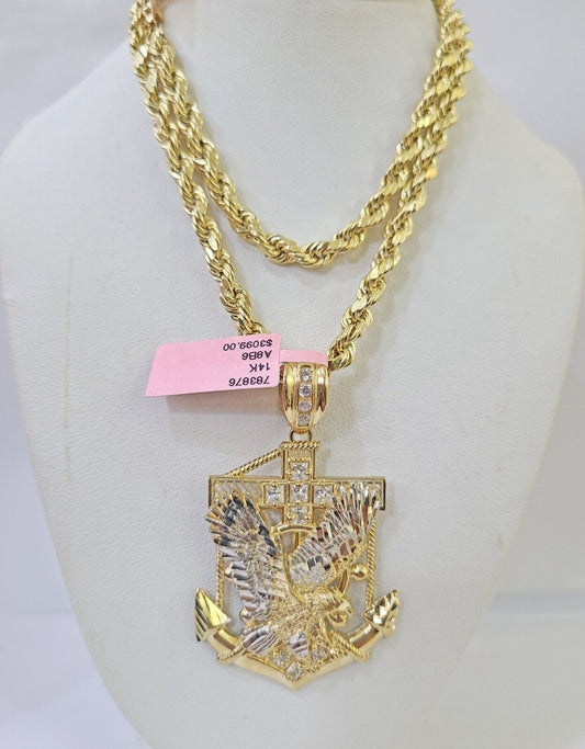 14k Yellow Gold Rope Chain Eagle Anchor Pendant Charm SET 7mm 22 Inch Necklace