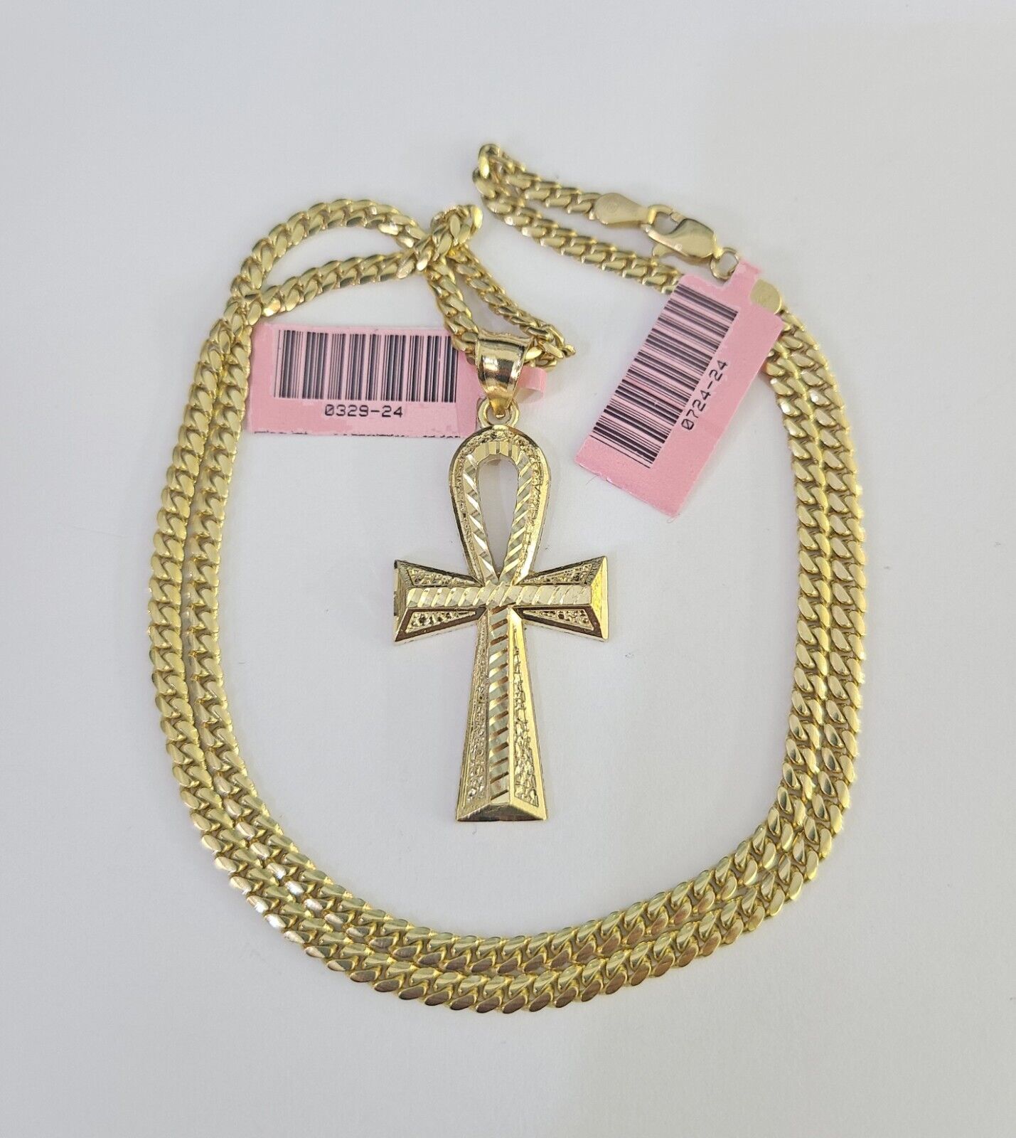 Real 14k Solid Chain Cross Charm Set Miami Cuban Link 3mm Necklace Pendant Gold