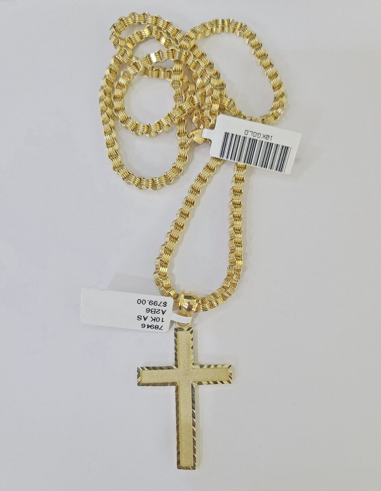 Real 10k Gold Plain Cross Byzantine Chain Necklace 3mm 20" SET 10kt Genuine