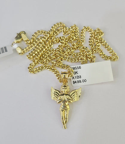 10K Gold Miami Cuban Chain Praying Angel 18"-28" 3mm REAL Pendant Necklace SET