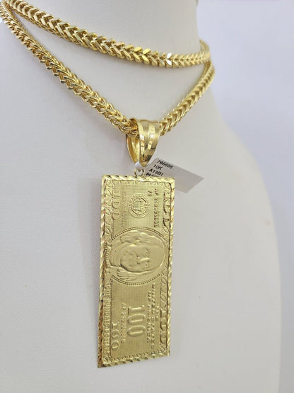 10K Franco Chain 100 Money Dollar Pendant Charm Necklace 20"-26" 5mm Gold SET