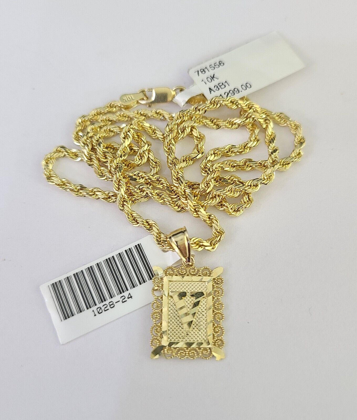 10k Gold Initial V Charm Rope Chain 16"-26" 2.5mm SET Necklace Alphabet Pendant