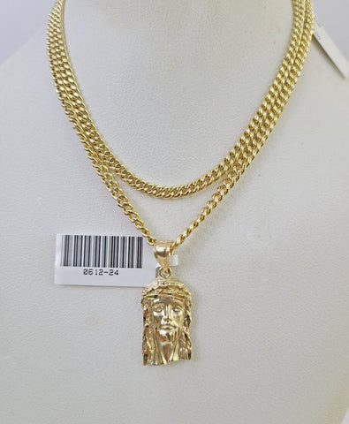 10K Gold Miami Cuban Chain Jesus Head 18"-28" 3mm REAL Pendant Necklace SET