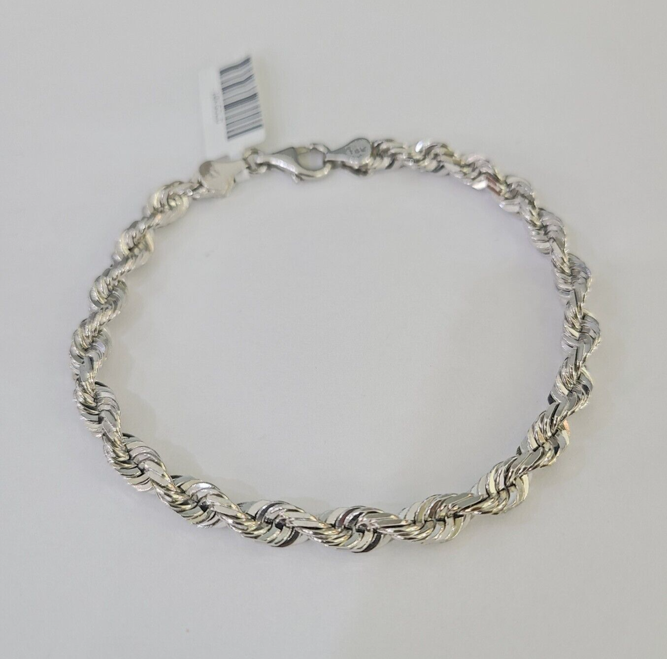 Real 10K Rope Bracelet White Gold Solid 5mm 8.5Inch Lobster Lock Unisex Genuine