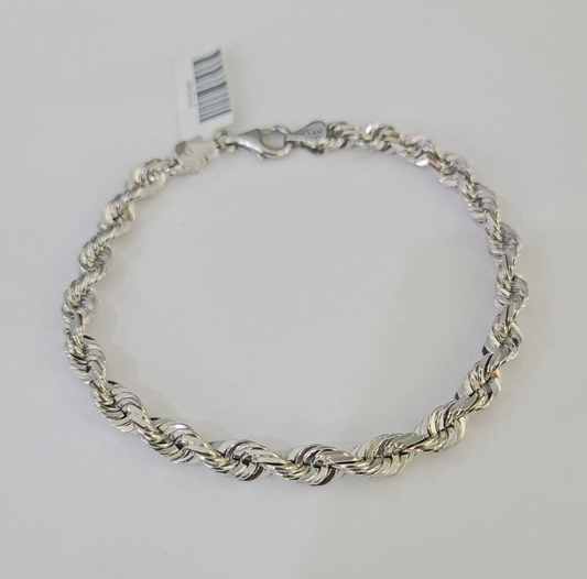 Real 10K Rope Bracelet White Gold Solid 5mm 8.5Inch Lobster Lock Unisex  Genuine