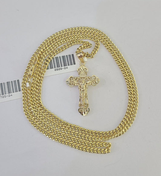 10K Gold Miami Cuban Chain Jesus Cross Charm 18"-30" 3mm REAL Pendant