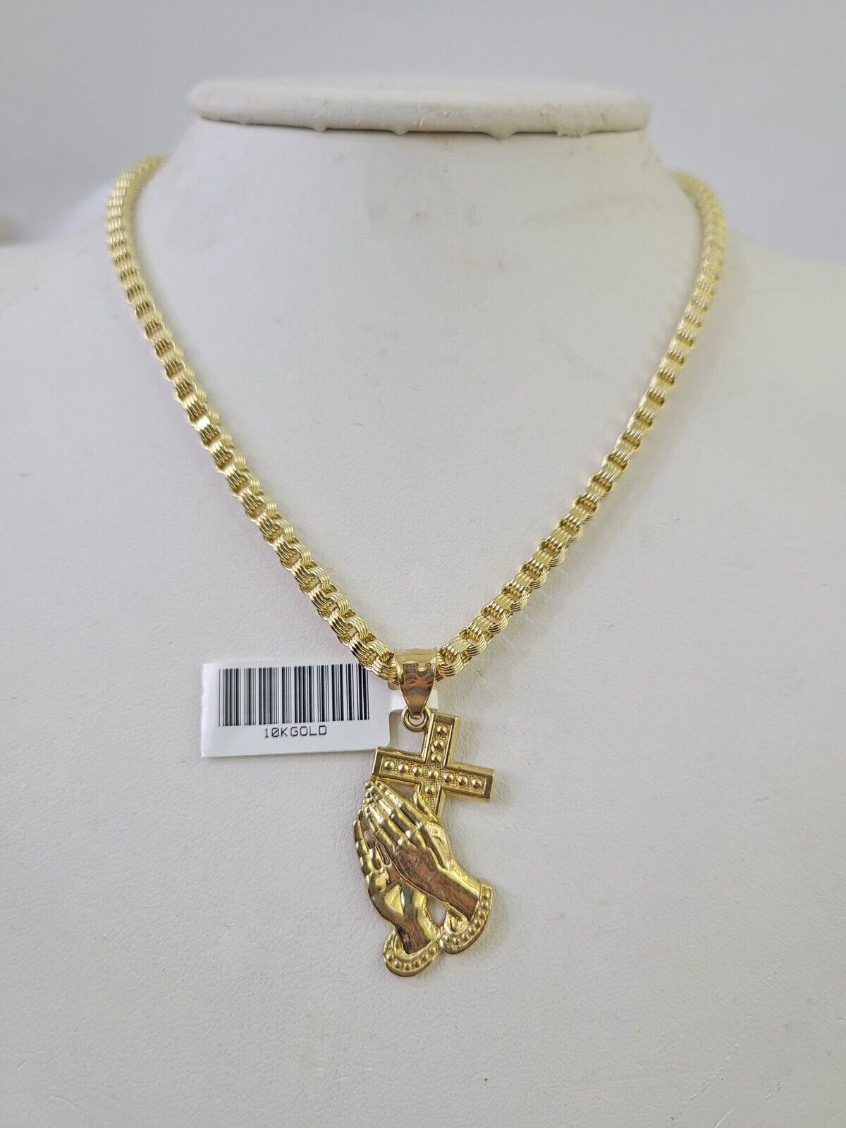 10k Gold Byzantine Necklace Praying Hands Charm 18-28 inch 3mm SET Chain Pendant