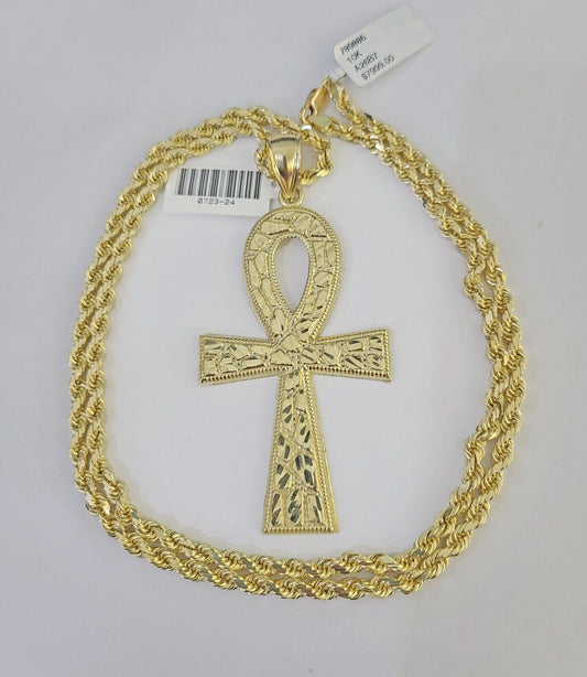 10k Solid Rope Chain Ankh Cross Charm Set 4mm 20"-28" Necklace Gold Yellow