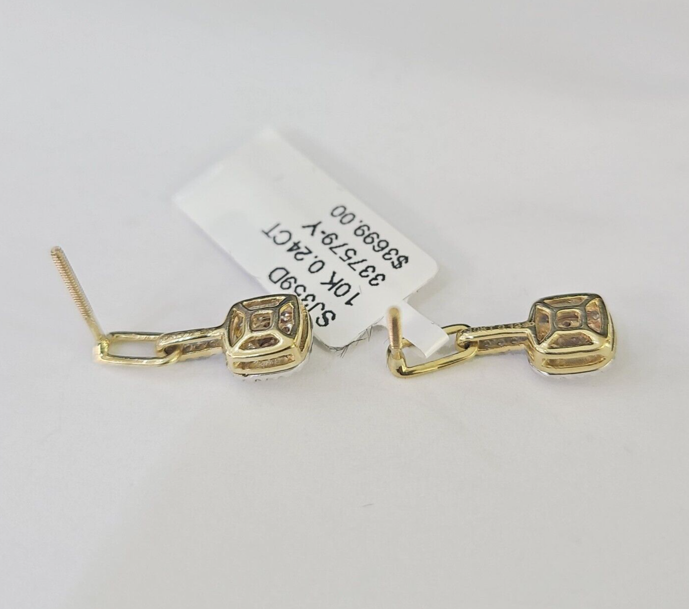 10k Diamond Cushion Earrings Ladies Drop Yellow gold Real Screw-Back studs