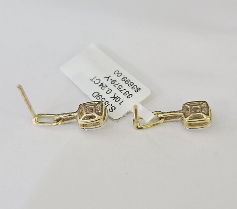 10k Diamond Cushion Earrings Ladies Drop Yellow gold Real Screw-Back studs