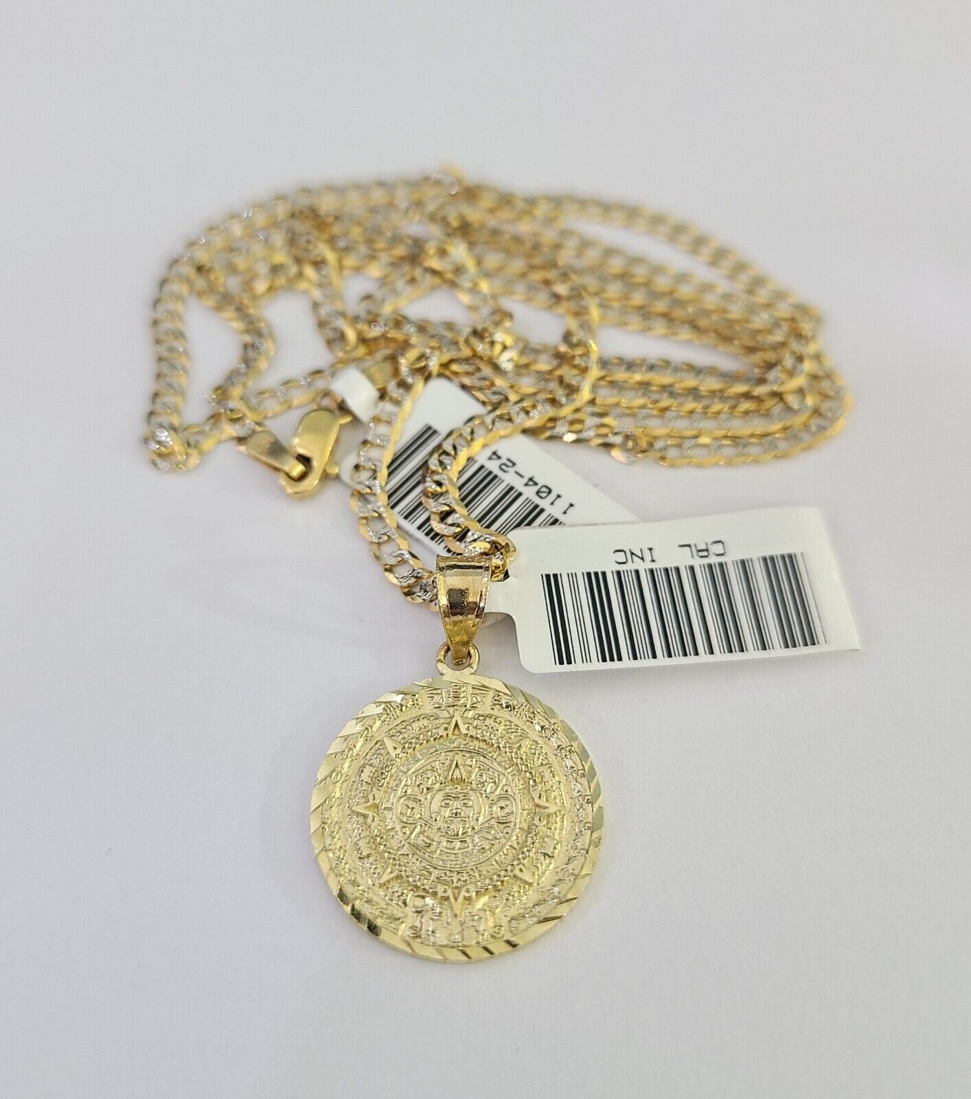 10k Solid Gold Cuban Curb Chain Mayan Calendar Pendant 2mm 18"-24" SET Necklace