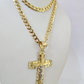 10k Gold Chain Cuban Curb Jesus Cross Charm Pendant Link 5mm 18"-28" Inch SET