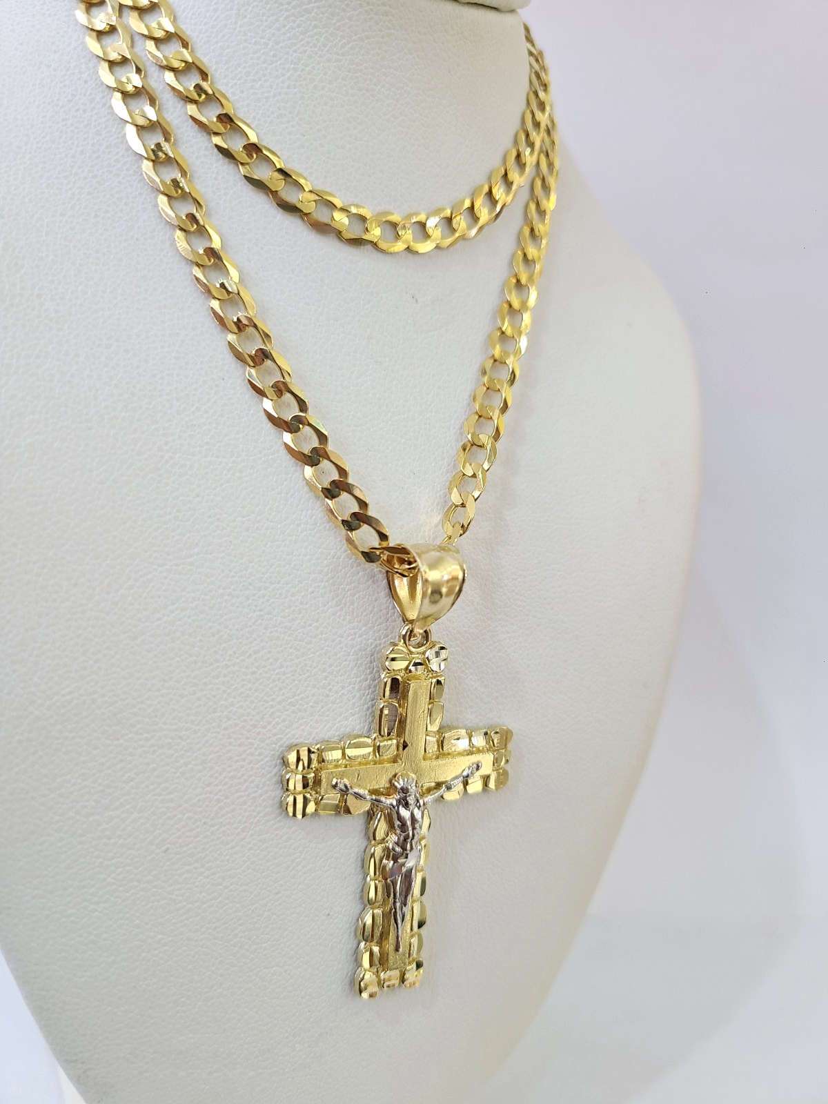 10k Gold Chain Cuban Curb Jesus Cross Charm Pendant Link 5mm 18"-28" Inch SET
