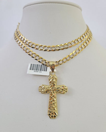 10k Solid Gold Cuban Curb Chain Jesus Cross Pendant 6mm 20"-30" SET Necklace