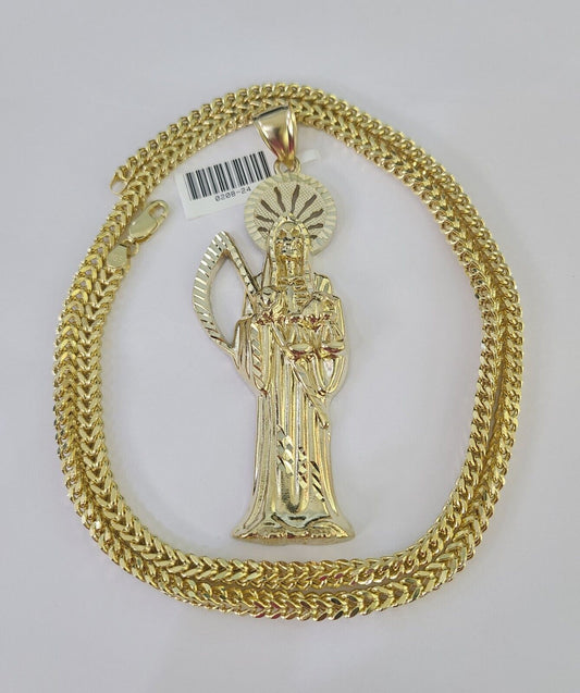 10K Franco Chain Saint Reaper Pendant Charm Necklace 20"-28" 4mm Gold SET Yellow