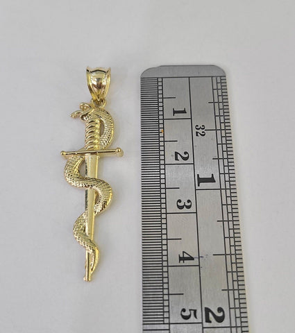 Real 10K Snake Sword Pendant 1.5" Yellow Gold Charm Veterinarian Caduceus