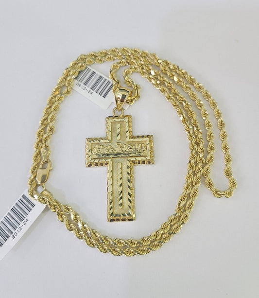 10k Solid Rope Chain 3mm Last Supper Cross Pendant Charm Necklace SET 18-28 in