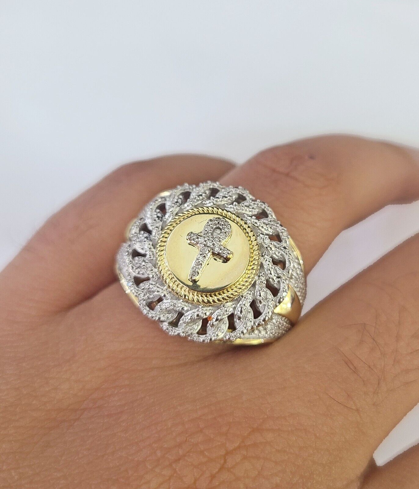 Real 10k Diamond Mens Ring Jesus Cross Band Yellow Gold Casual Genuine Natural