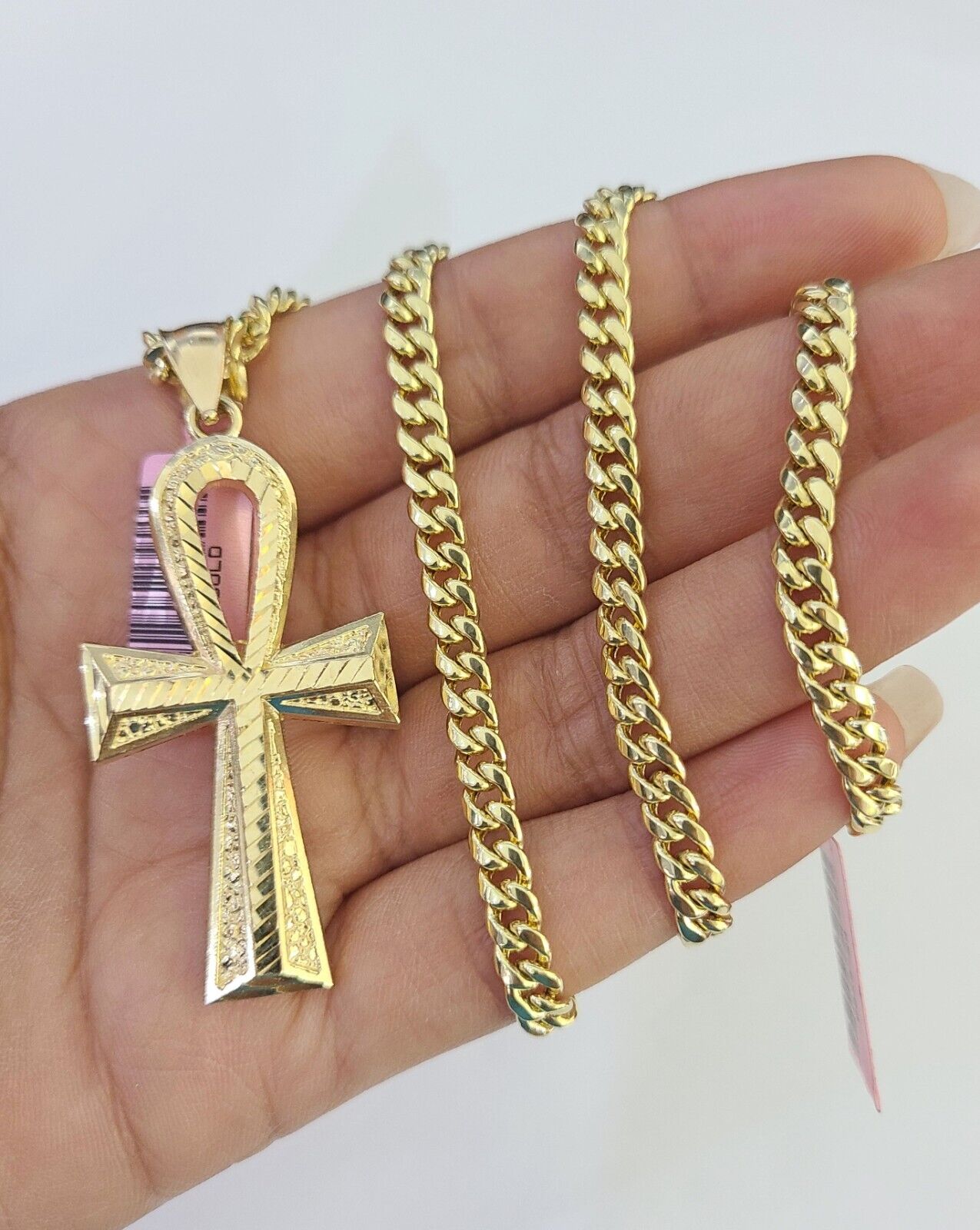 Real 14k Chain Cross Charm Set Miami Cuban Link 5mm 18"-30" Necklace Pendant