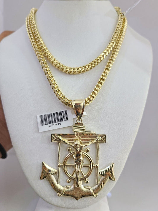 10K Franco Chain Necklace Jesus Anchor Pendant Charm 20"-28" 4mm Yellow Gold SET