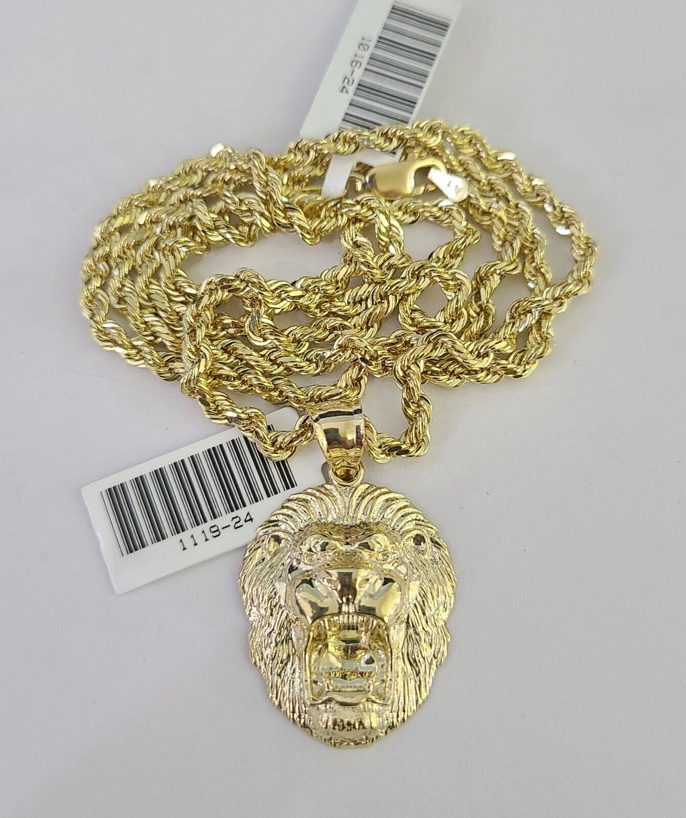 10k Solid Rope Chain 3mm Lion Head Pendant Charm Necklace SET 18-26 in