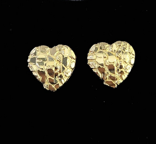 10k Gold Nugget Heart Earrings With Push Back Real 10kt Gold Studs Unisex