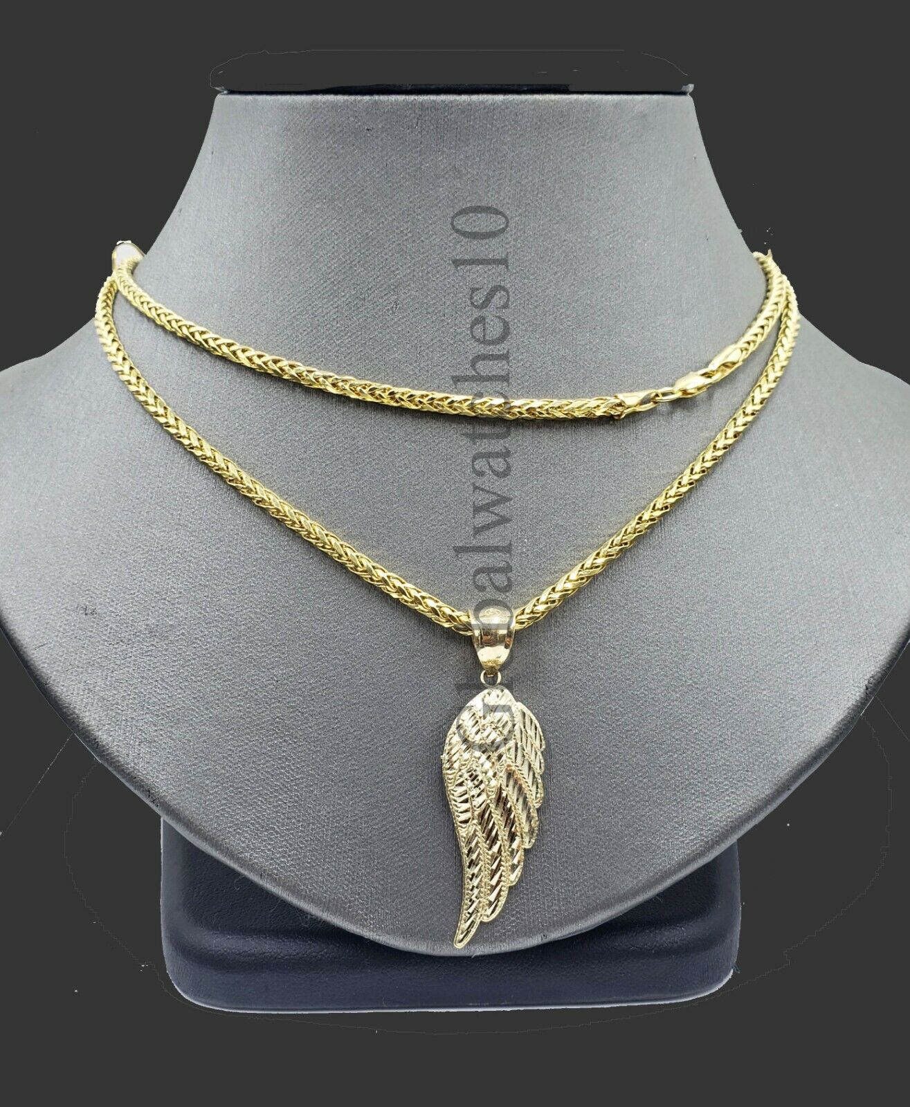 10k Yellow Gold Angel Wing Pendant Charm 10k Solid Rope palm Byzantine chain Set