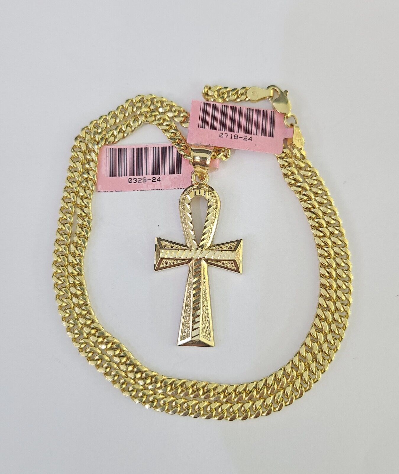 Real 14k Chain Cross Charm Set Miami Cuban Link 4mm Necklace Pendant Yellow Gold