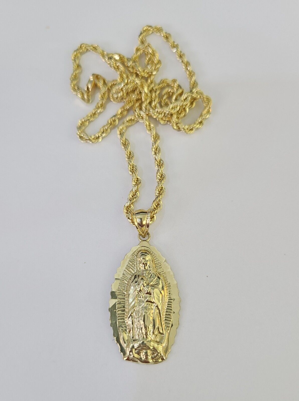 10k 3mm Rope Chain Virgin Mary Pendant 18"-30" Yellow Gold Set Charm Necklace