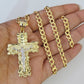 10k Gold Chain Cuban Curb Jesus Cross Charm Pendant Link 5mm 18"-28" Inch SET