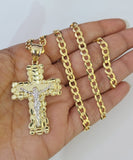 10k Gold Chain Cuban Curb Jesus Cross Charm Pendant Link 5mm 18"-28" Inch SET