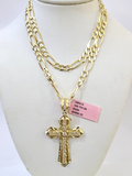14k Solid Figaro Chain Jesus Cross Pendant Gold 5mm 18-28 inch SET Necklace