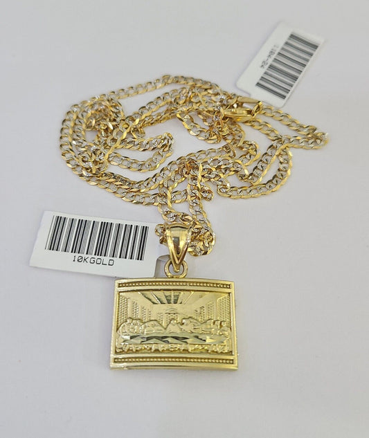 10k Solid Gold Cuban Curb Chain Last Supper Pendant 2mm 18"-24" SET Necklace