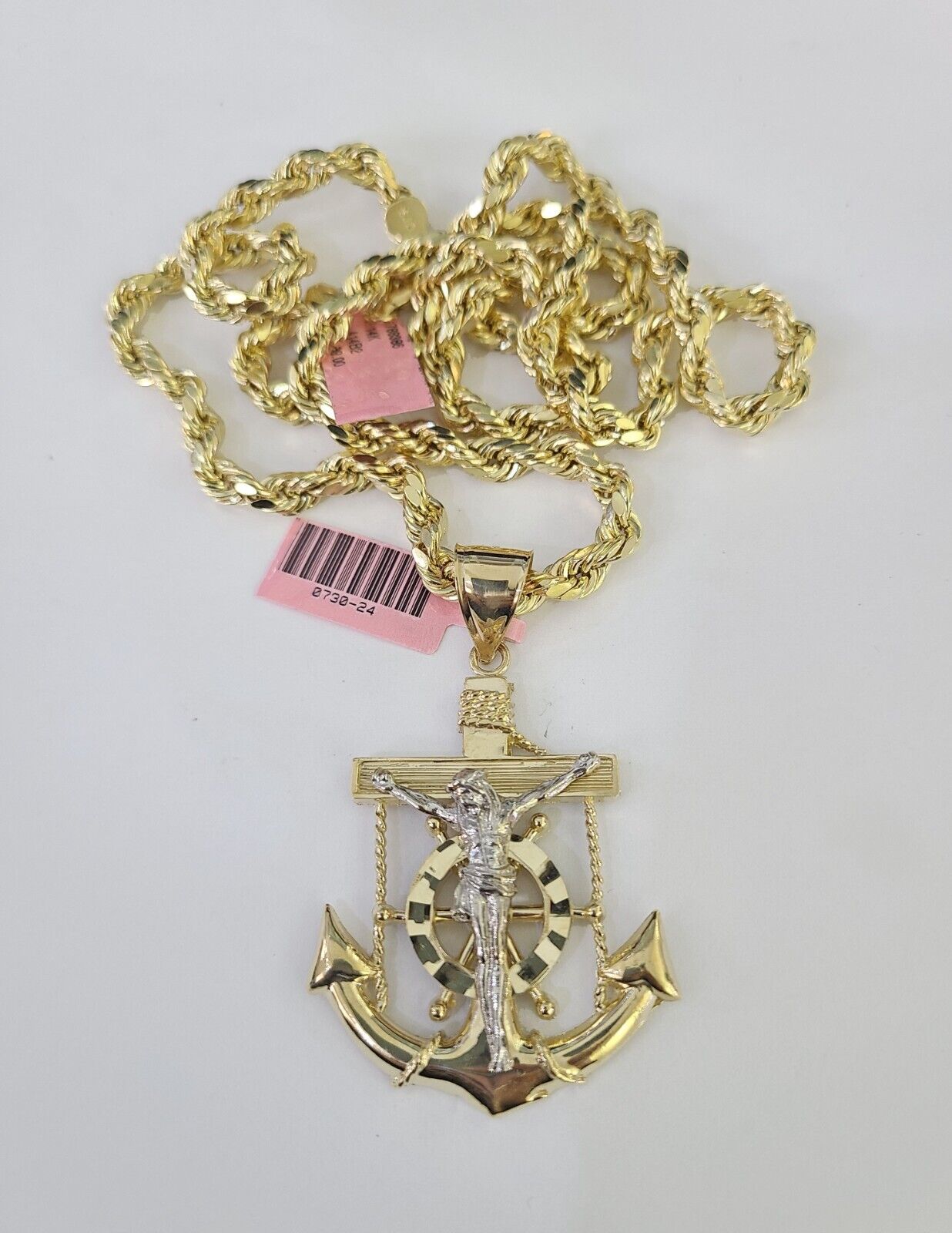 Real 14k Rope Chain Jesus Anchor Charm Set 6mm 18"-28" Necklace Yellow Gold