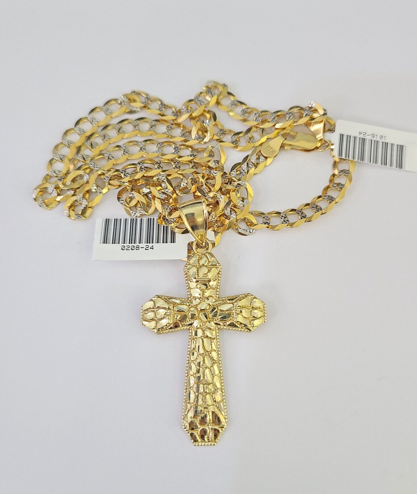 10k Solid Gold Cuban Curb Chain Jesus Cross Pendant 6mm 20"-30" SET Necklace